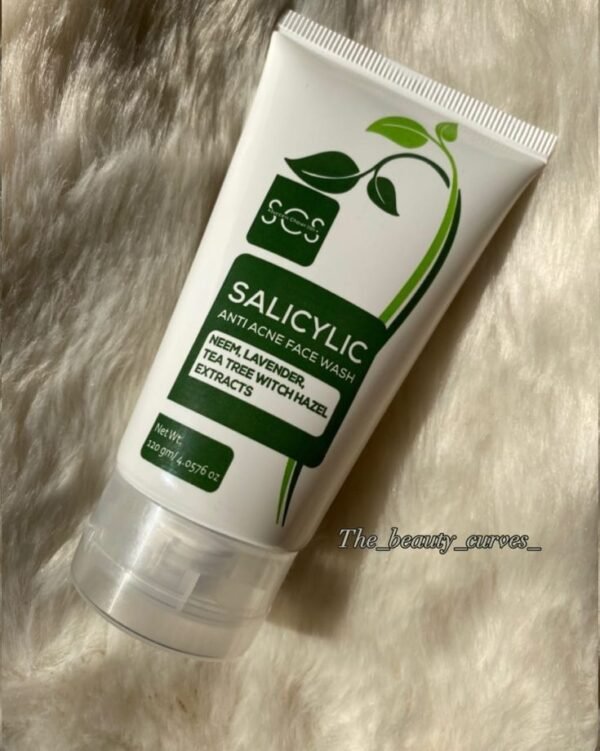 A white tube of "Success Chaser 100+" Salicylic Anti Acne Face Wash with green botanical leaf graphics, containing neem, lavender, tea tree, and witch hazel extracts.