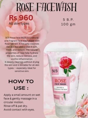 SCS Rose Face Wash tube on a white plush surface.