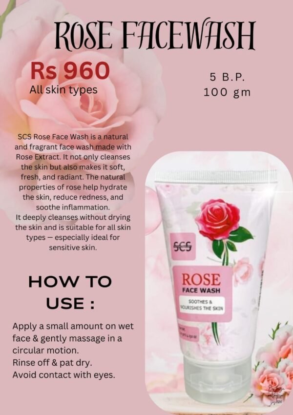 SCS Rose Face Wash tube on a white plush surface.